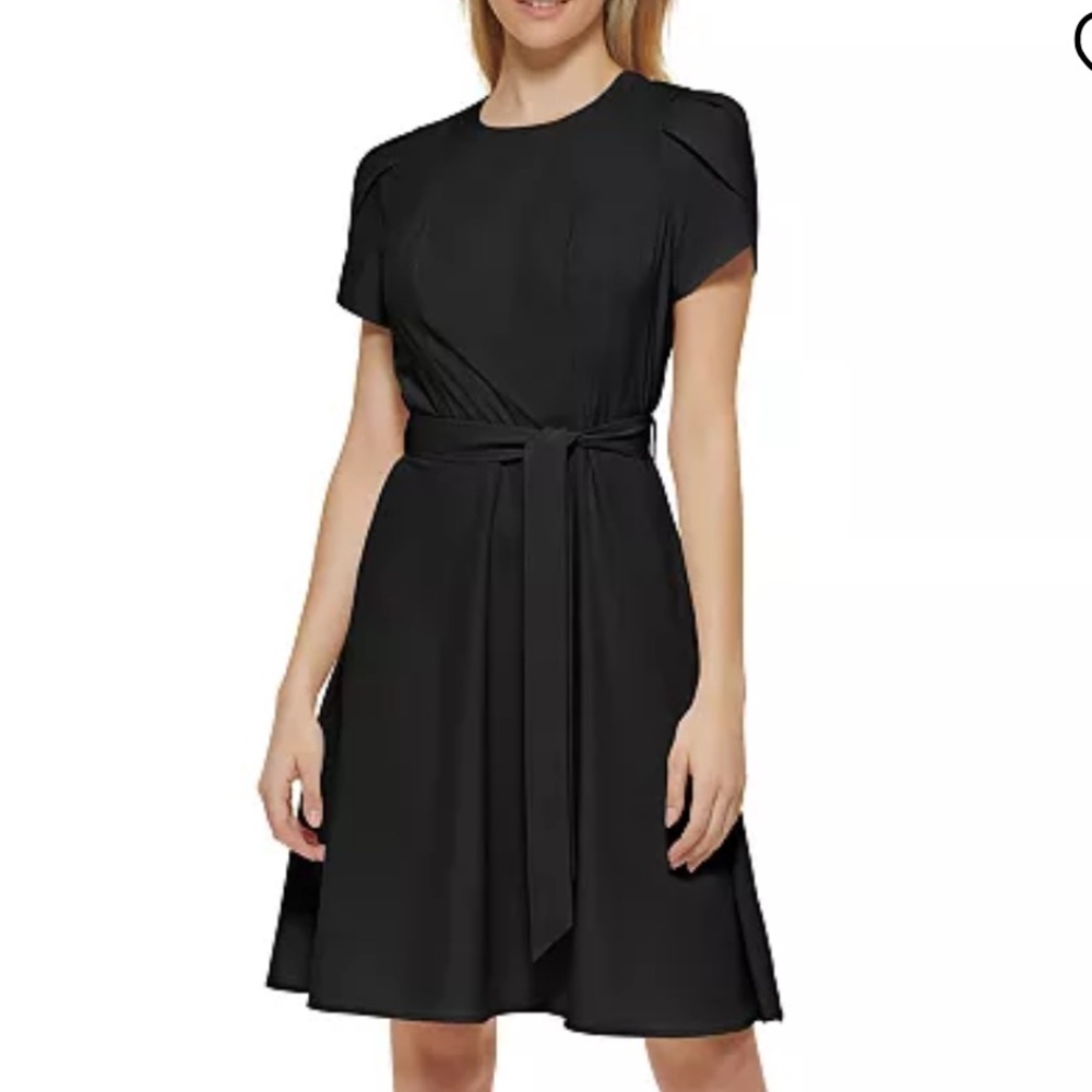 Calvin Klein Belted Tulip-Sleeve Fit & Flare Little Black Dress Women’s 12 LBD